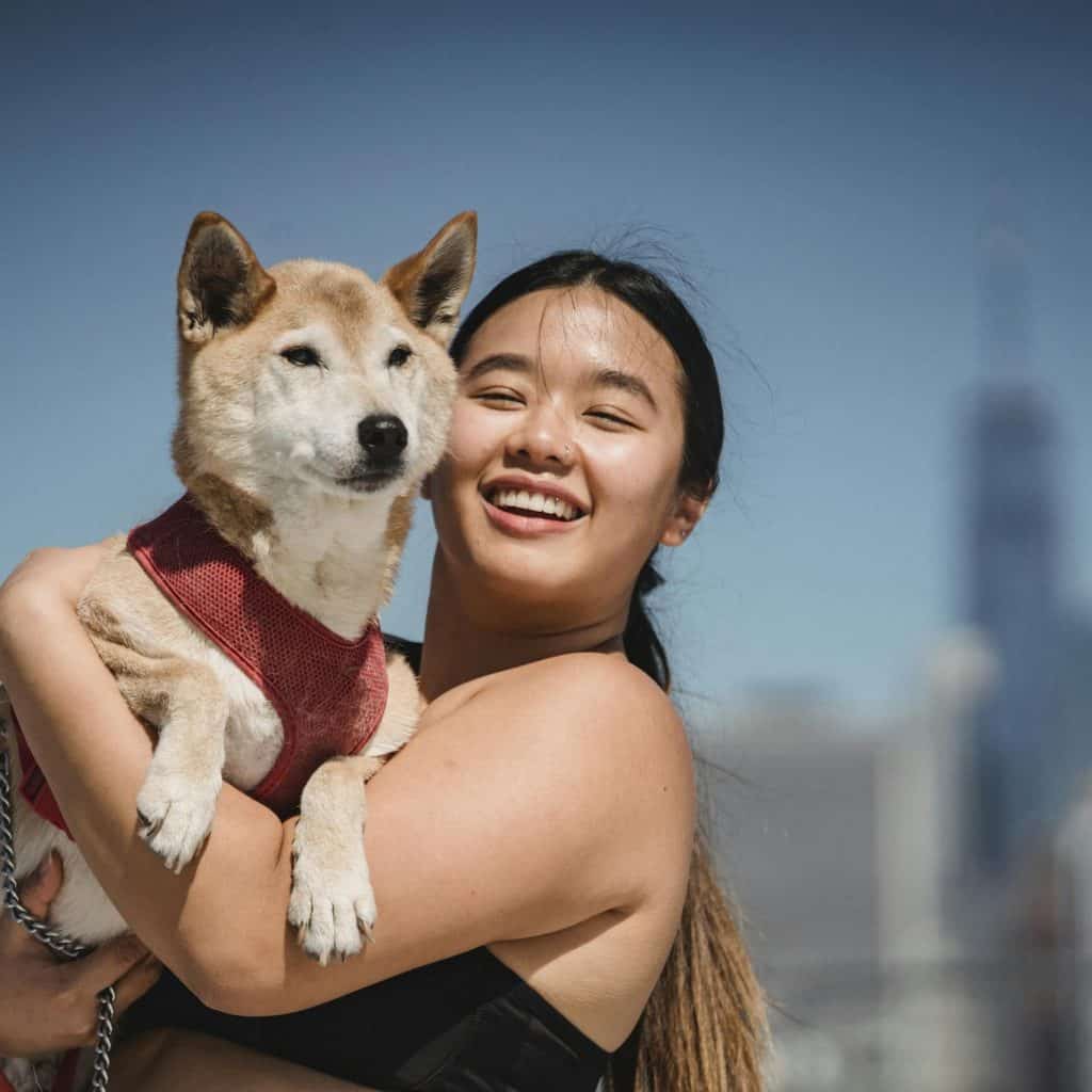 Happy ethnic female demonstrating cute funny dog and smiling on blurred background of city